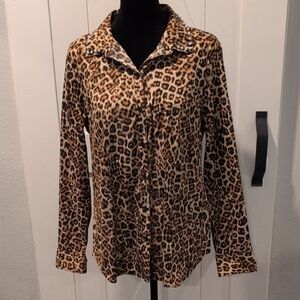 Charter Club Leopard Print Button Down Blouse Long Sleeve Collared Top Size Med